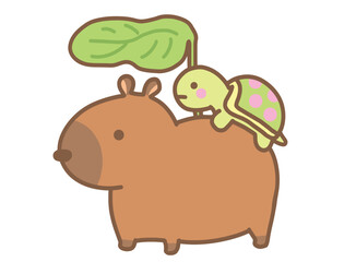 Little turtle riding on the back of a capybara