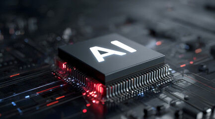 Abstract 3D image of glowing AI letters on top of a futuristic AI chip, captured in high-resolution with vibrant data lines symbolizing artificial intelligence and modern technology development