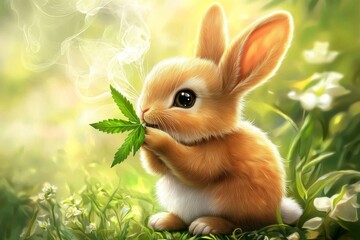 A rabbit is depicted holding a cannabis leaf and a cigarette in a field of grass under daylight conditions