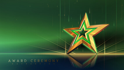 3D golden star against the backdrop of northern lights and glitter. Green luxury background with award ceremony scene element design concept. Vector illustration.