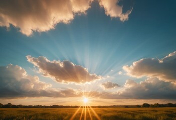 the landscape shows a vibrant golden field in the foreground, extending to the horizon. above, the bright, sunlit sky is filled with numerous clouds