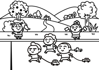 Children are playing with toy cars in the park 