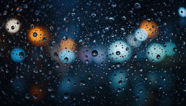the image presents a close up view of raindrops clinging to a transparent surface, possibly a window pane