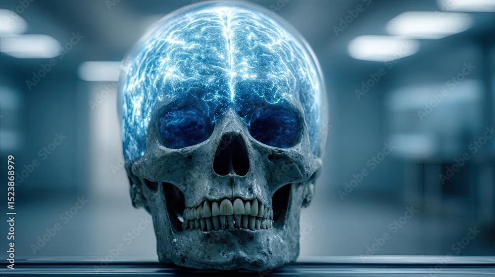 Poster Brain and emotion including fear and mental balance concept. Illuminated skull displaying brain-like structures inside.