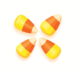 Fototapeta premium Trio of candy corn pieces on white background, Halloween treat concept