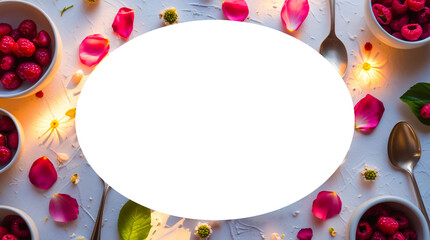 Raspberries in white bowls, surrounded by flower petals and spoons, arranged on a light background with empty central space for signatures,  food blogs, dessert menus, and culinary advertising
