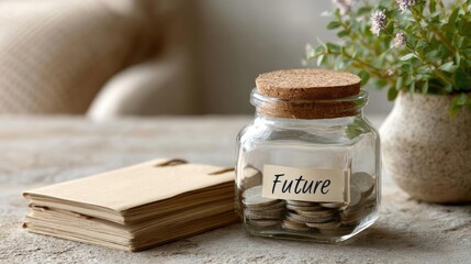 Balanced money life focused on planning and saving concept. A saving jar labeled 'Future' with coins, embodying financial planning.