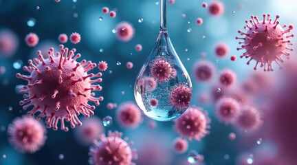 Microscopic view of viruses with a water droplet in focus.