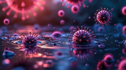 Colorful depiction of virus particles in water droplets.