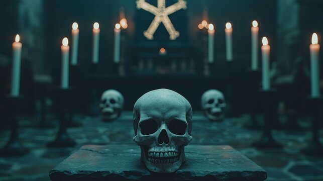 A human skull sits on a stone slab, surrounded by candles and skulls in a dark, ritualistic setting with mystical symbols.