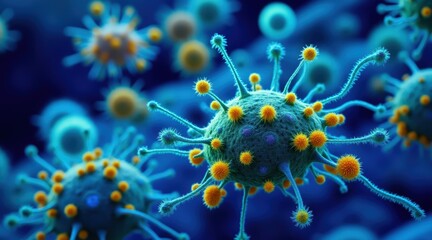Microscopic view of colorful viruses on a dark background.