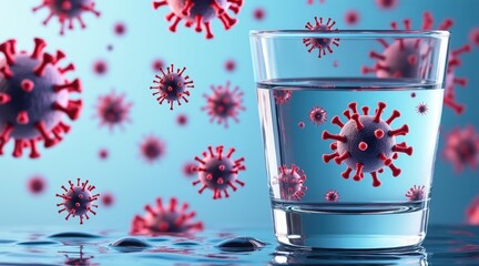 Virus illustration in water with a glass showing infection concept.
