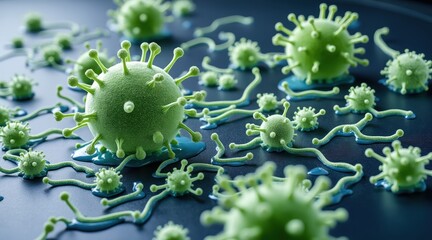Microscopic view of green viruses on a dark surface.