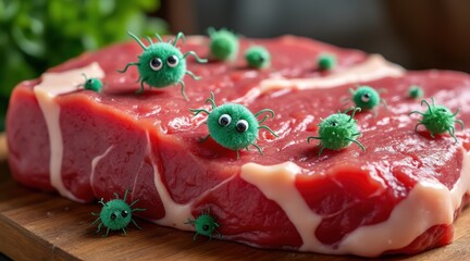 Raw steak with cartoonish germs on top, highlighting food safety.