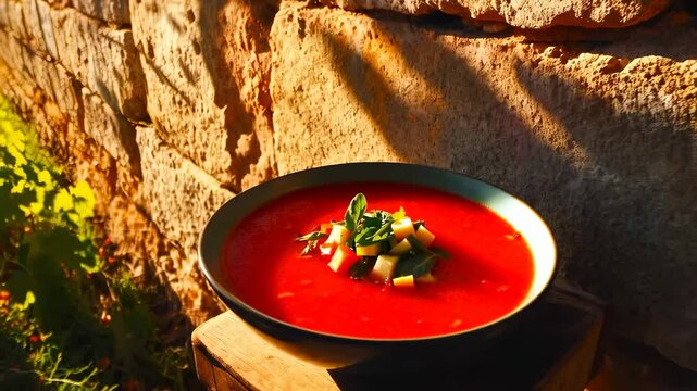 Bowl of tomato soup with garnish on wooden table.