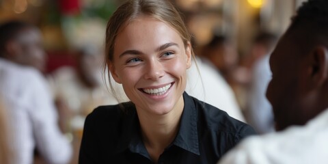 Friendly waitress welcoming guests in diverse cafe environment