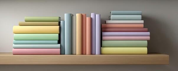 Fototapeta premium Money stress relief for wealth and simplicity focus concept. Colorful books neatly arranged on a wooden shelf.