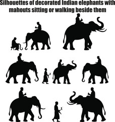 Silhouettes of decorated Indian elephants with mahouts sitting or walking beside them