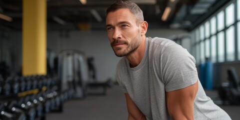 Obraz premium Focused young man exercising indoors in a modern gym