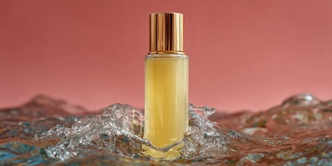 Luxurious moisturizing serum bottle amidst splashes of water for skincare promotion