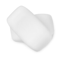 Two soap bars isolated on white, top view. Personal hygiene