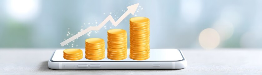 A smartphone displays stacked gold coins with an upward graph, symbolizing financial growth and digital investment.