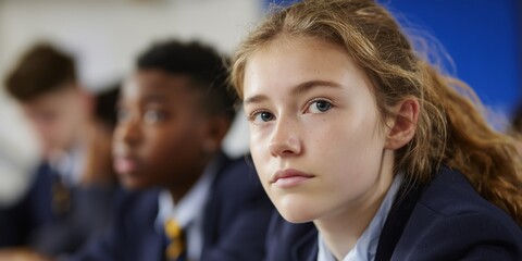 Fototapeta premium Focused teenage students in school uniforms during classroom examination