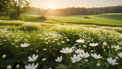 Blooming white wildflowers under golden sunlight — a perfect nature backdrop for wellness brands, eco-friendly campaigns, spring promotions, or floral-themed prints and products
