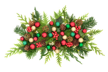 Christmas festive red, green gold bauble decorations, holly, mistletoe berries, and flora. Xmas...