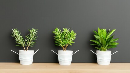 Pandemic Aftermath Concept. Lush Green Indoor Plants in White Pots on Wooden Table Against a Stylish Dark Wall