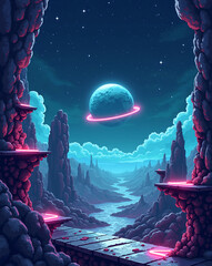  a pixel art space level with metallic platforms, stars in the background, floating asteroids, and a distant pixelated planet. blinking neon lights and a cold color palette: navy blue, silver, and