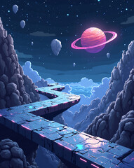  a pixel art space level with metallic platforms, stars in the background, floating asteroids, and a distant pixelated planet. blinking neon lights and a cold color palette: navy blue, silver, and