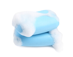 Soap bars with foam isolated on white