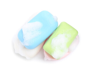 Soap bars with foam isolated on white, top view