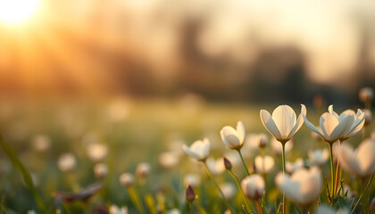 Blooming white wildflowers under golden sunlight — a perfect nature backdrop for wellness brands, eco-friendly campaigns, spring promotions, or floral-themed prints and products