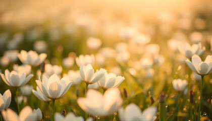 Blooming white wildflowers under golden sunlight — a perfect nature backdrop for wellness brands, eco-friendly campaigns, spring promotions, or floral-themed prints and products