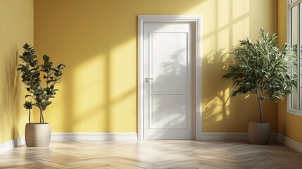 Fototapeta premium Bright yellow hallway with white door and indoor plants creating a welcoming atmosphere in a modern home