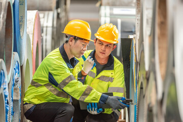 Two male construction workers wea yellow safety helmets and green reflective jackets inspecting and discussing wall painting project in a modern industrial workspace