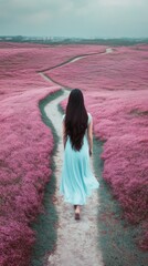 single woman stands with her back to camera in beautiful long dress, her hair is long and dark. dress is elegant and romantic. girl looks at landscape. Romantic shot of a woman in a field.