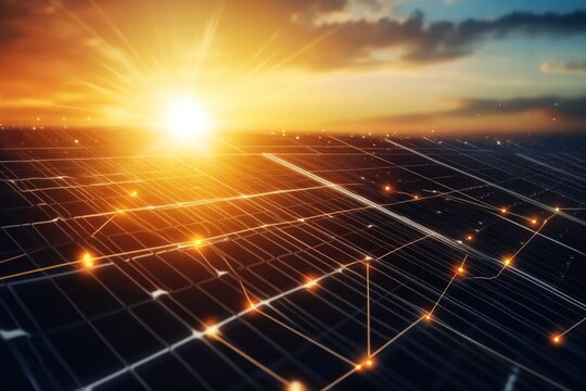 Solar Panels Absorbing Sunlight with Glowing Energy Lines and Bright Sun in the Background