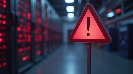 Photorealistic red triangular warning sign with white exclamation marks, in center of a server room corridor with glowing red and blue server lights in the blurred background.