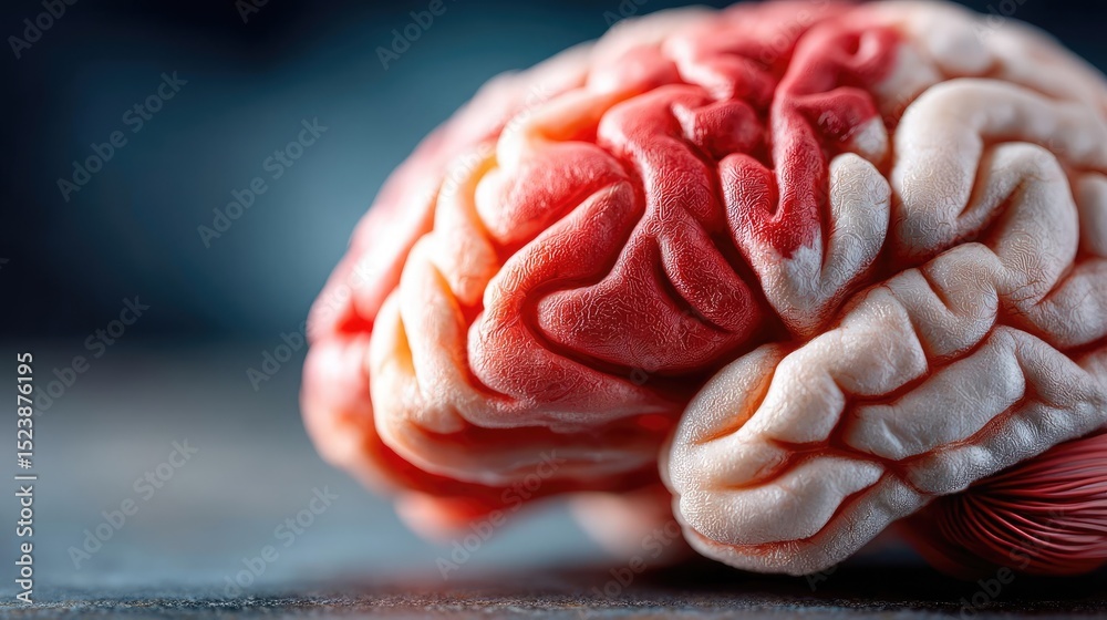 Poster Brain and emotion including fear and mental balance concept. Close-up view of a human brain with intricate details and textures.