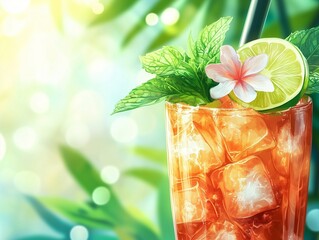 Refreshing Tropical Iced Tea with Fresh Mint Lime and Exotic Flower Garnish for Summer Drinks