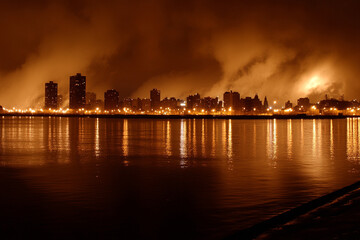 Panoramic view of city skyline illuminated at night