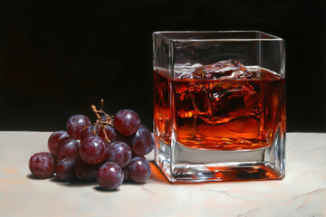 Still life of a tumbler with ice and grapes on a marble surface