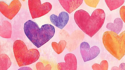 Whimsical watercolor background with organic arrangement of pink and red hearts, soft pastel tones for romantic Valentines Day themes, ideal for invitations, digital wallpapers, gift wrap or social me