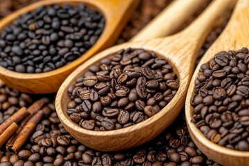 Fototapeta premium Different types of coffee beans displayed in wooden spoons
