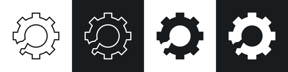Broken gear icons in solid and stroke graphics