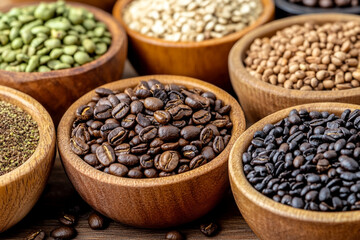 Fototapeta premium Close-up flat lay of various coffee beans for culinary exploration