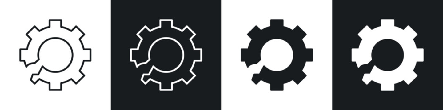 Broken gear icons in solid and stroke graphics